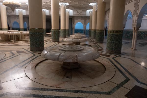 Moroccan Hammam Interior with Central Marble Fountains Casablanca, Morocco