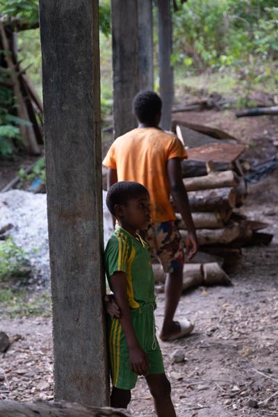 Children in a rustic forest shelter, Grande Comore (Comoros) Moimbao, Comoros