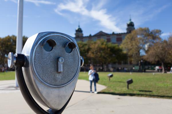 Viewing scope at Liberty State Park with CRRNJ Terminal in the background Jersey City, United States