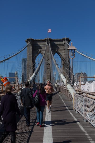 Pedestrians on the Brooklyn Bridge, New York City (October 2010) New York, United States