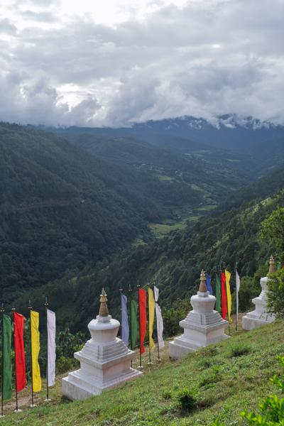 Chortens and Prayer Flags Over a Cloudy Himalayan Valley, Bhutan Sobsokha Yuwakha Zhika, Bhutan