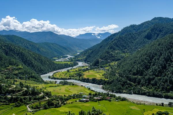 Winding River Through a Himalayan Valley, Punakha Region, Bhutan Lakhu Tshowogm, Bhutan