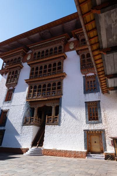 Ornate Bhutanese Dzong Courtyard Facade (Paro, Bhutan) Yebisa, Bhutan