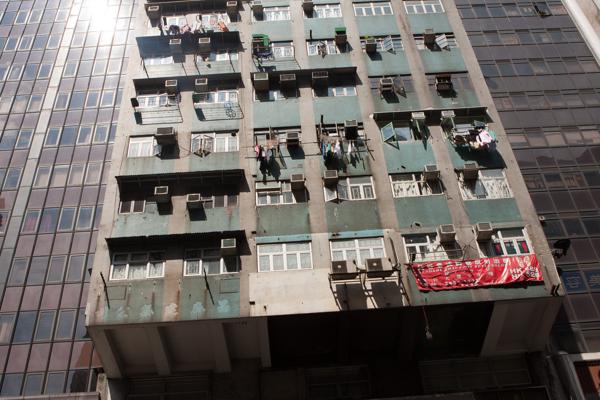 Old Hong Kong Apartment Block Between Glass Office Towers (Wan Chai/Causeway Bay) Hong Kong, China