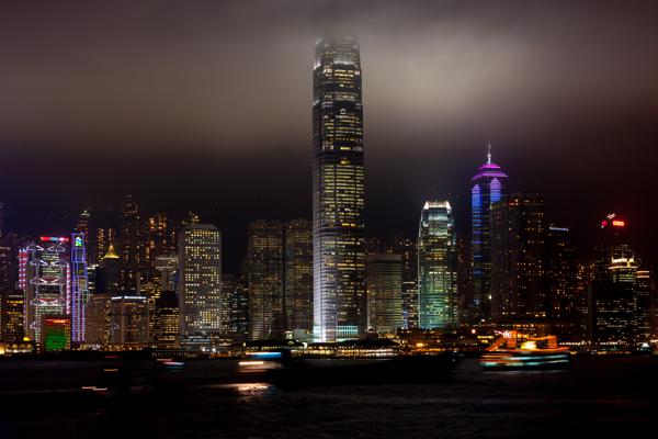 Foggy Night Skyline of Hong Kong Island (Two IFC) Hong Kong, China