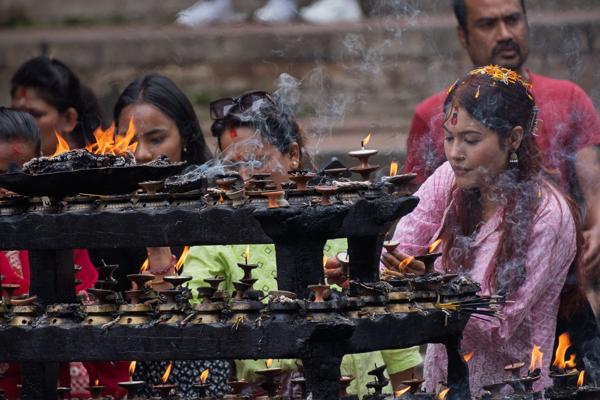 People Lighting Oil Lamps During a Hindu Ritual Kathmandu Metropolitan, Nepal