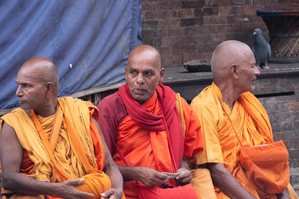 Monks in Orange Robes Seated by a Brick Wall Kathmandu Metropolitan, Nepal