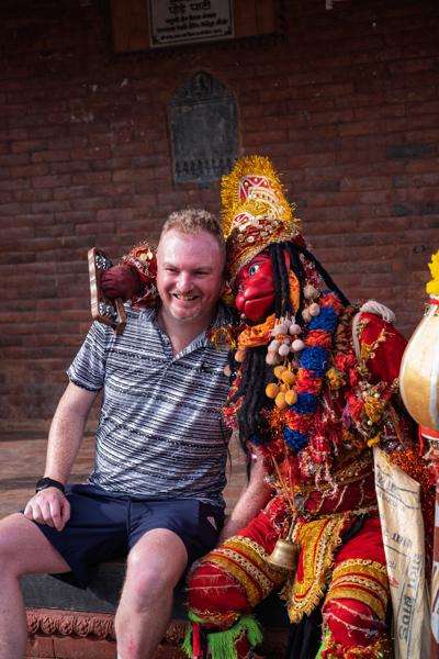 Friendship at a Nepalese Festival with a Masked Dancer Kathmandu Metropolitan, Nepal