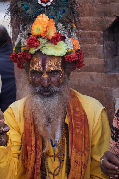 Colorful Sadhu Portrait with Floral Headdress Kathmandu Metropolitan, Nepal