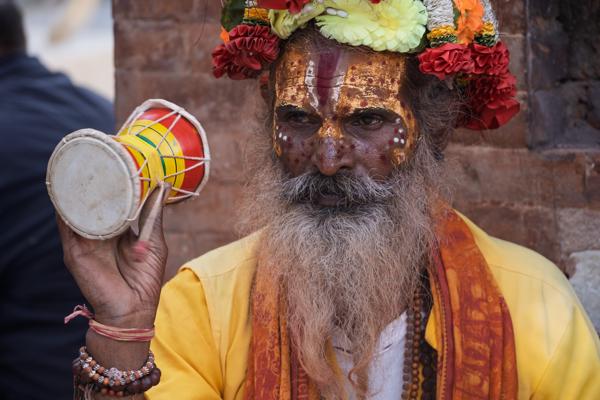 Bearded Hindu Ascetic with Drum and Floral Crown Kathmandu Metropolitan, Nepal