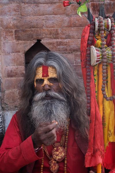 Ritual Portrait of a Hindu Ascetic beside Colorful Offerings Kathmandu Metropolitan, Nepal