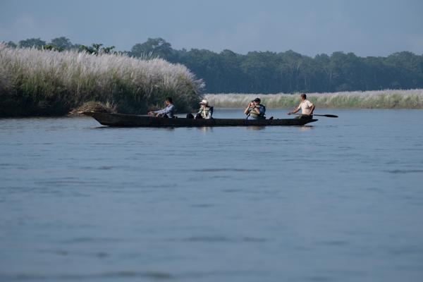 Four People paddling a canoe on a calm river Bharatpur, Nepal