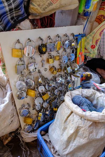 Padlocks and keys for sale at an Old Delhi market stall Delhi, India