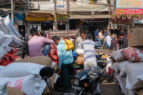 Morning loading scene at Khari Baoli spice market, Old Delhi Delhi, India