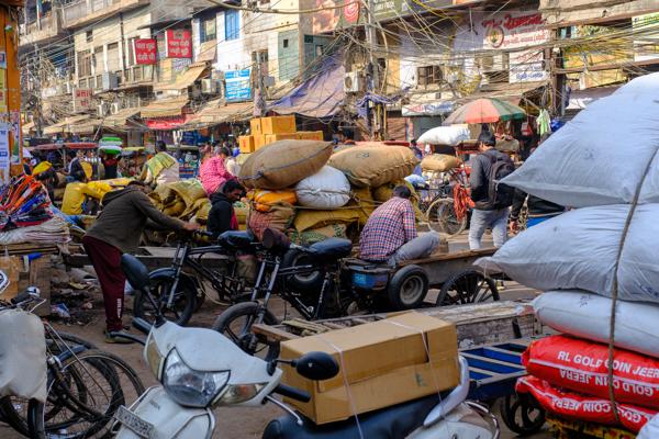 Morning goods traffic in Old Delhi wholesale market Delhi, India