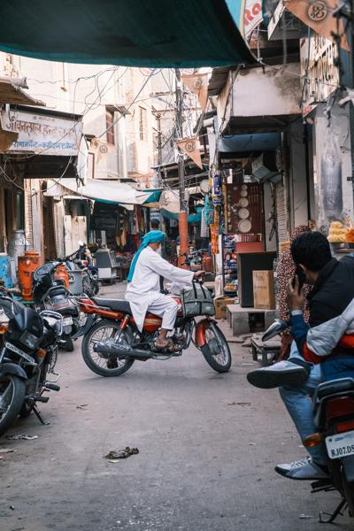 Motorcycle Rider in a Narrow Market Lane, Bikaner (Rajasthan) Bikaner, India