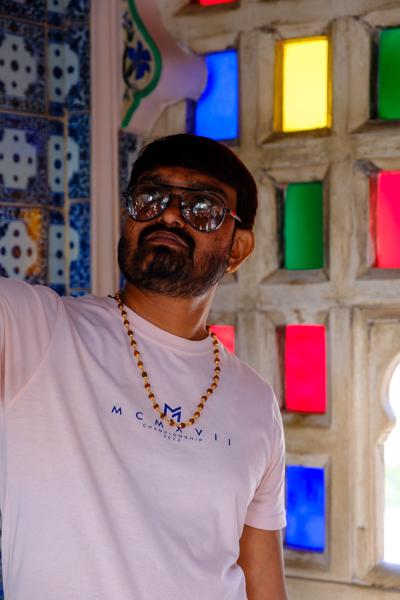 Portrait in a Colorful Glass Window Alcove, Udaipur Udaipur, India