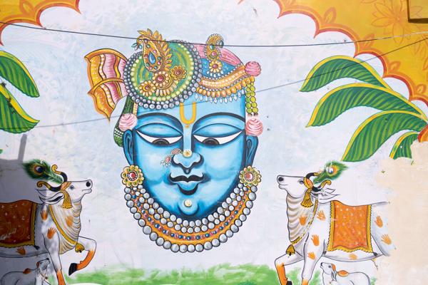 Hindu mural of Krishna with cows and peacocks, Udaipur (Rajasthan) Udaipur, India