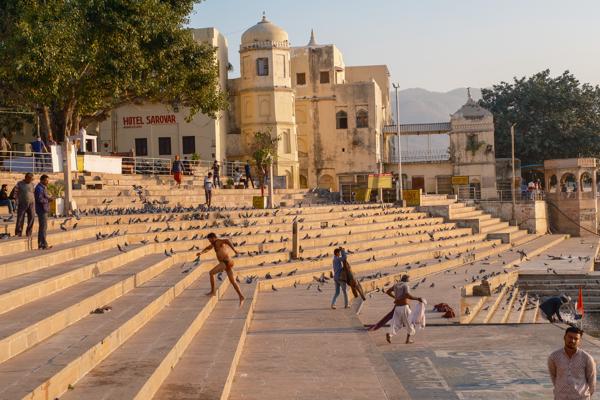 Morning at Pushkar Lake Ghats, Rajasthan (Hotel Sarovar in view) Pushkar, India