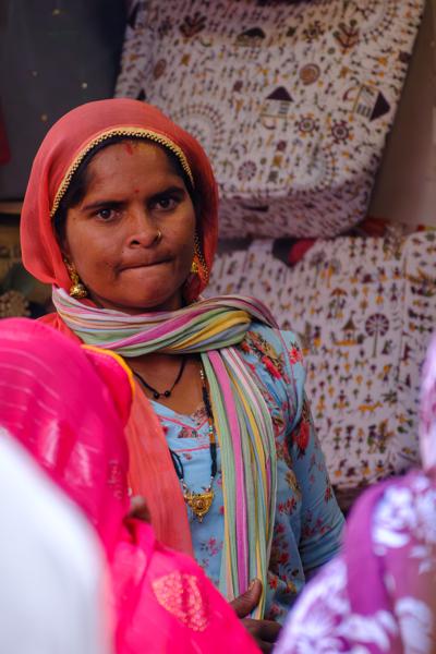 Portrait of a Rajasthani Woman at a Textile Stall (Rajasthan, India) Pushkar, India