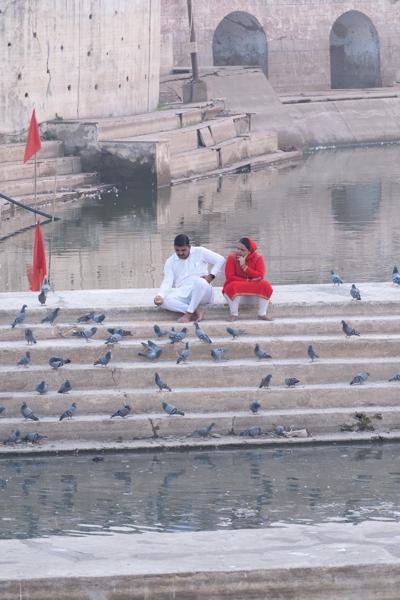 Feeding pigeons on the lakeside ghat in Ajmer, Rajasthan Pushkar, India