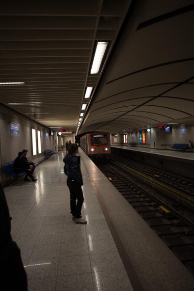 Athens Metro Platform with Orange Train Athens, Greece