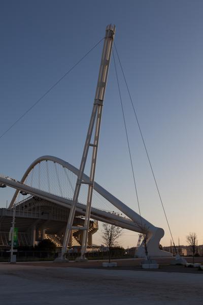 White Cable-Stayed Bridge by the Stadium in Athens at Sunset Municipality of Nea Ionia, Greece