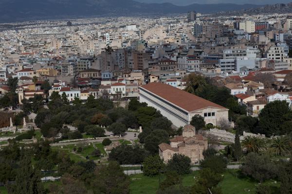 Athens cityscape with the Stoa of Attalos in the foreground Athens, Greece