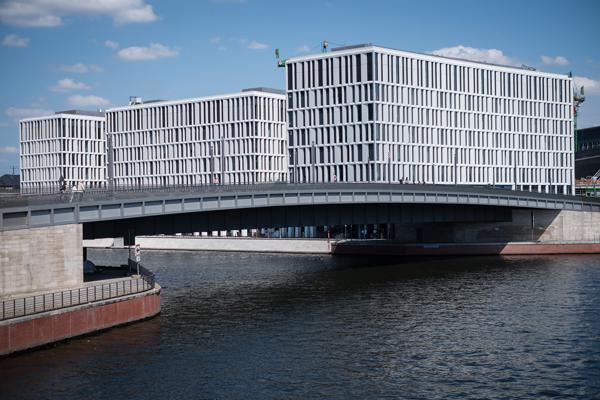 Modern office blocks on a bridge over the Spree, Berlin Berlin, Germany