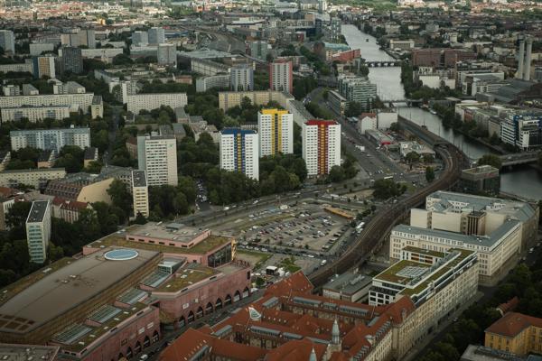 Aerial view of Berlin with colorful tower blocks near the Spree Berlin, Germany