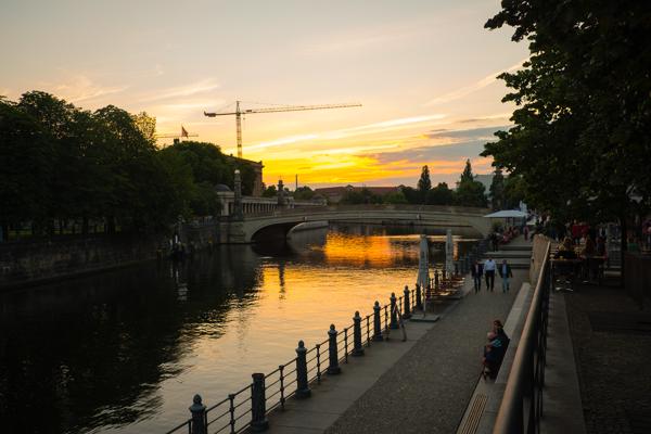 Sunset over the Spree River promenade in Berlin Berlin, Germany