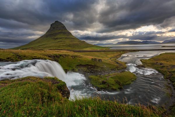 Kirkjufell Landscape with Waterfall under Moody Skies Grundarfjarðarbær, Iceland