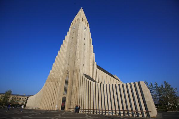 Hallgrímskirkja Church Exterior under Clear Blue Sky Reykjavik, Iceland