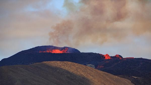 Icelandic Volcano Eruption at Dusk with Glowing Lava Iceland