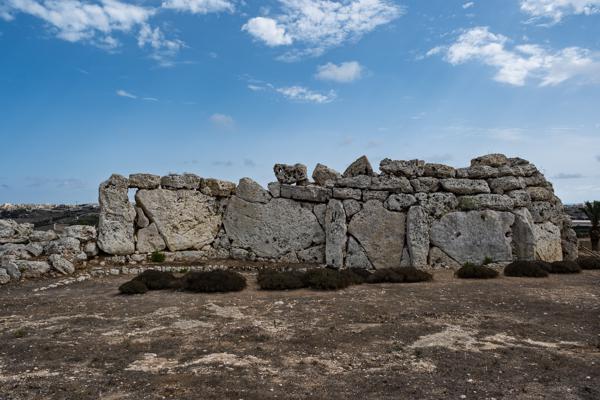 Ħaġar Qim megalithic stone wall at midday Victoria, Malta