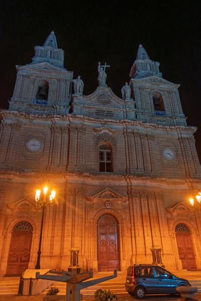 Illuminated Baroque Cathedral Facade at Night Northern Region, Malta