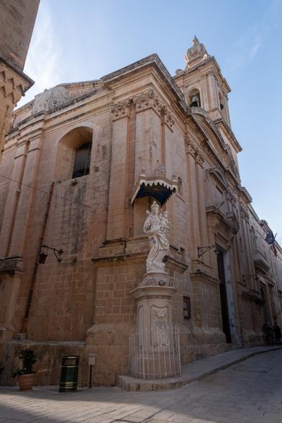 Baroque church facade and Madonna statue in Mdina, Malta Western Region, Malta