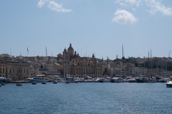 Grand Harbour marina and limestone skyline in Birgu, Malta Port Region, Malta