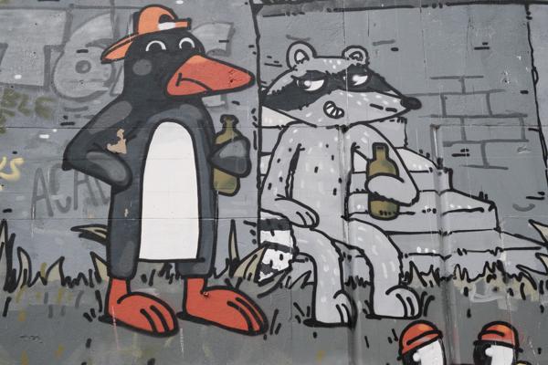Urban Graffiti Mural: Penguin and Hippo with Bottles Bezirk Lebern, Switzerland