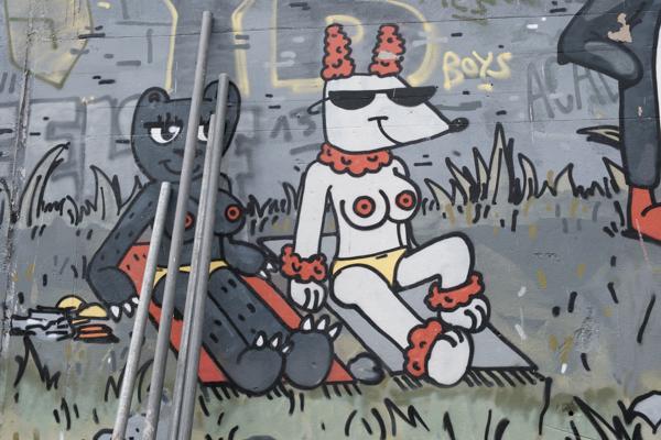 Relaxed Cartoon Dogs Graffiti Mural in Basel Bezirk Lebern, Switzerland