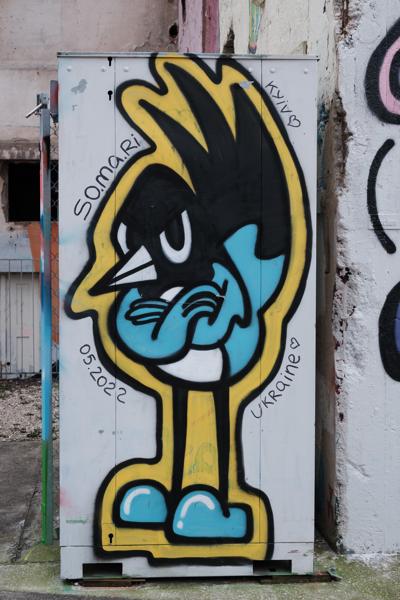 Urban graffiti character on a utility box in an alley Bezirk Lebern, Switzerland