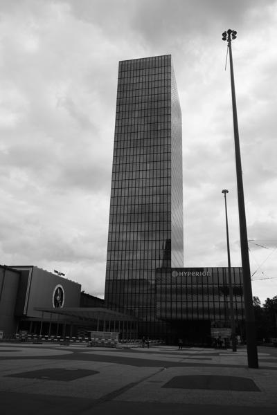 Hyperion office tower under cloudy skies Basel, Switzerland