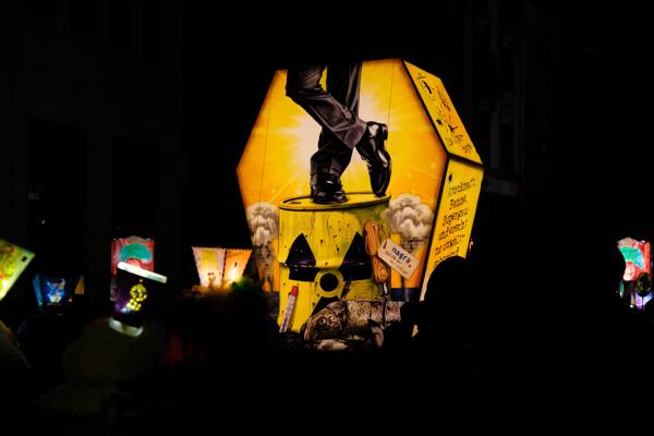 Nighttime Lantern Parade: Illuminated Yellow Geometric Sculpture Basel, Switzerland