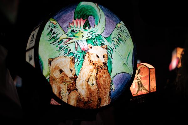 Night lantern display with foxes and dragon artwork Basel, Switzerland