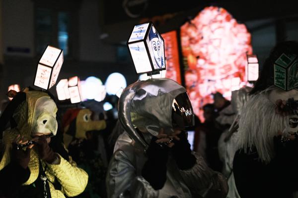 Nighttime Lantern Parade with Cube Lantern Hats Basel, Switzerland