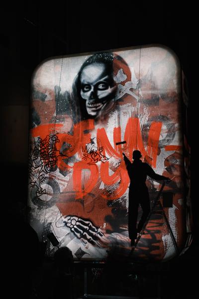 Nighttime Graffiti Artwork on a Light-Panel Sculpture Basel, Switzerland