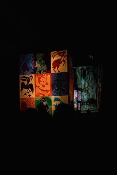 Nighttime Street Art Installation with Colorful Cartoon Panels Basel, Switzerland