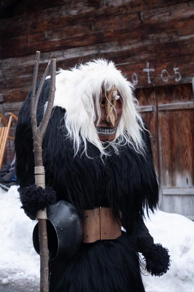 Tschäggättä Carnival Figure in the Snow, Lötschental (Valais, Switzerland) Wiler (Lötschen), Switzerland