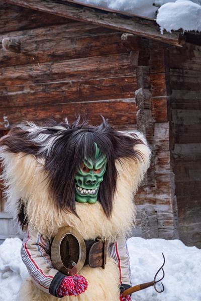 Tschäggättä Carnival Figure in the Snow, Lötschental (Valais, Switzerland) Wiler (Lötschen), Switzerland