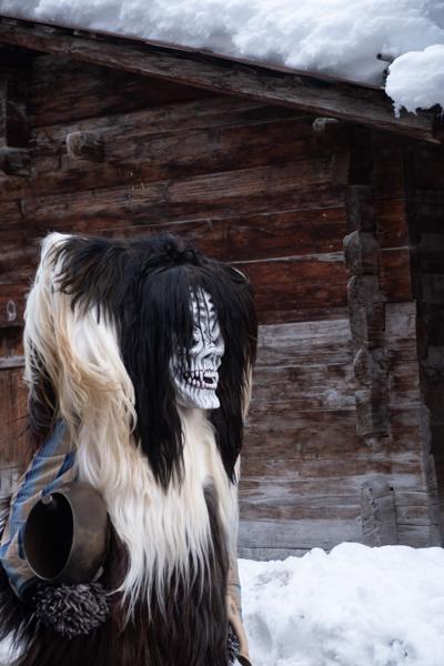Tschäggättä Carnival Figure in the Snow, Lötschental (Valais, Switzerland) Wiler (Lötschen), Switzerland